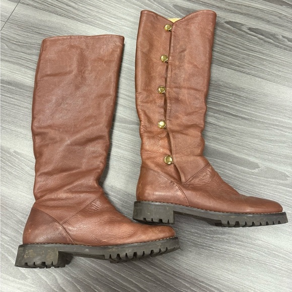 Michael Kors Tall Brown Leather Riding Boots Faux Fur Lined Snap Up Size 6 ½ M - Picture 6 of 16